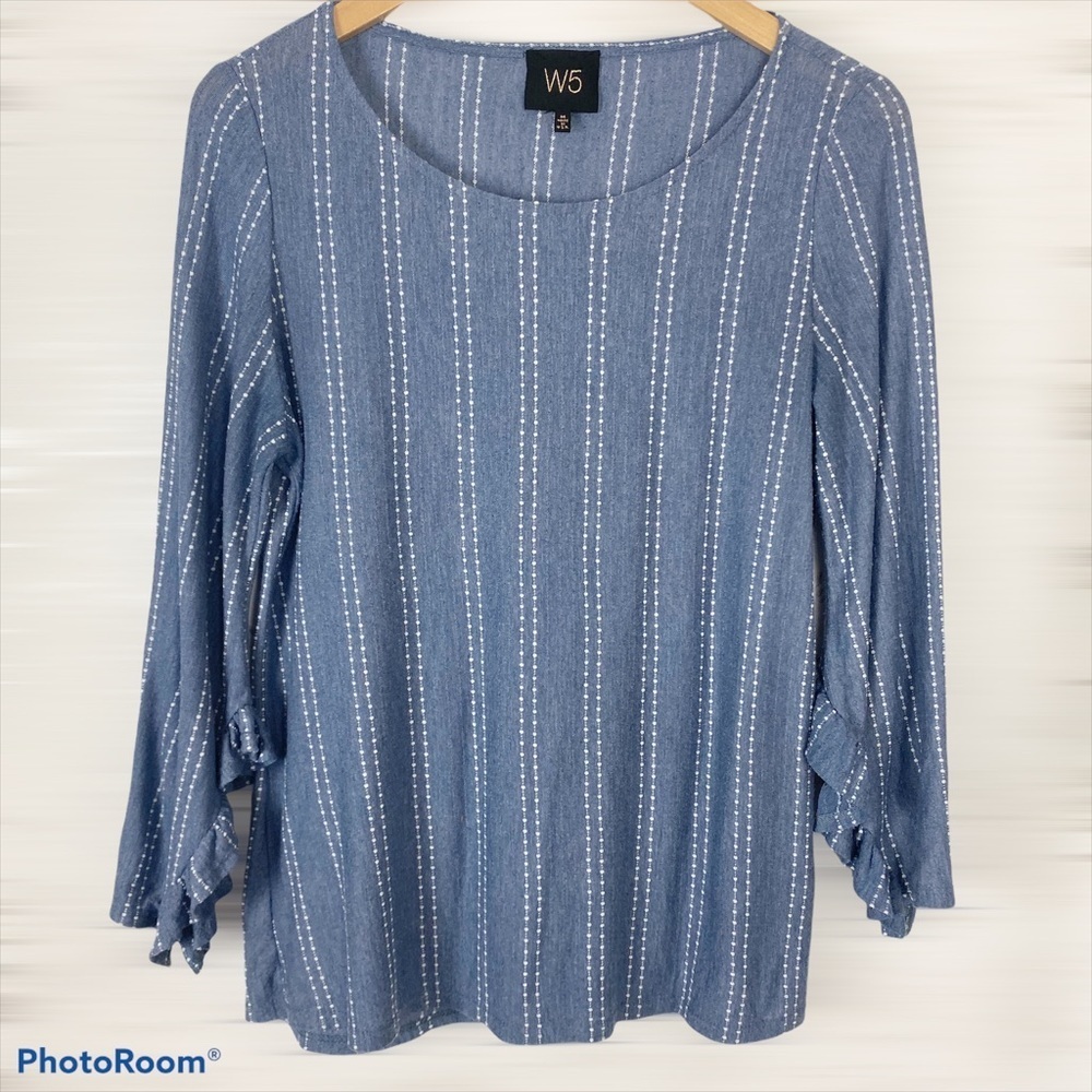 W5 Blue / White Pin Dot Ruffle Sleeve Blouse med